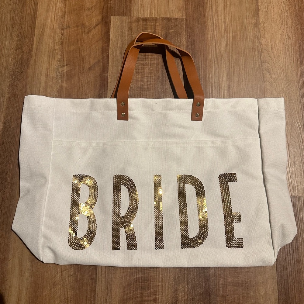 NEW White Bride Tote Bag with Brown Handles